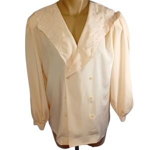 Vintage 80s Style Rite Blouse Peach Embroidered Collar Double Breasted Approx 12